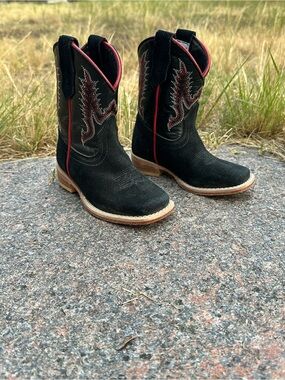 Kids Black Suede Western Boots with Red Trim